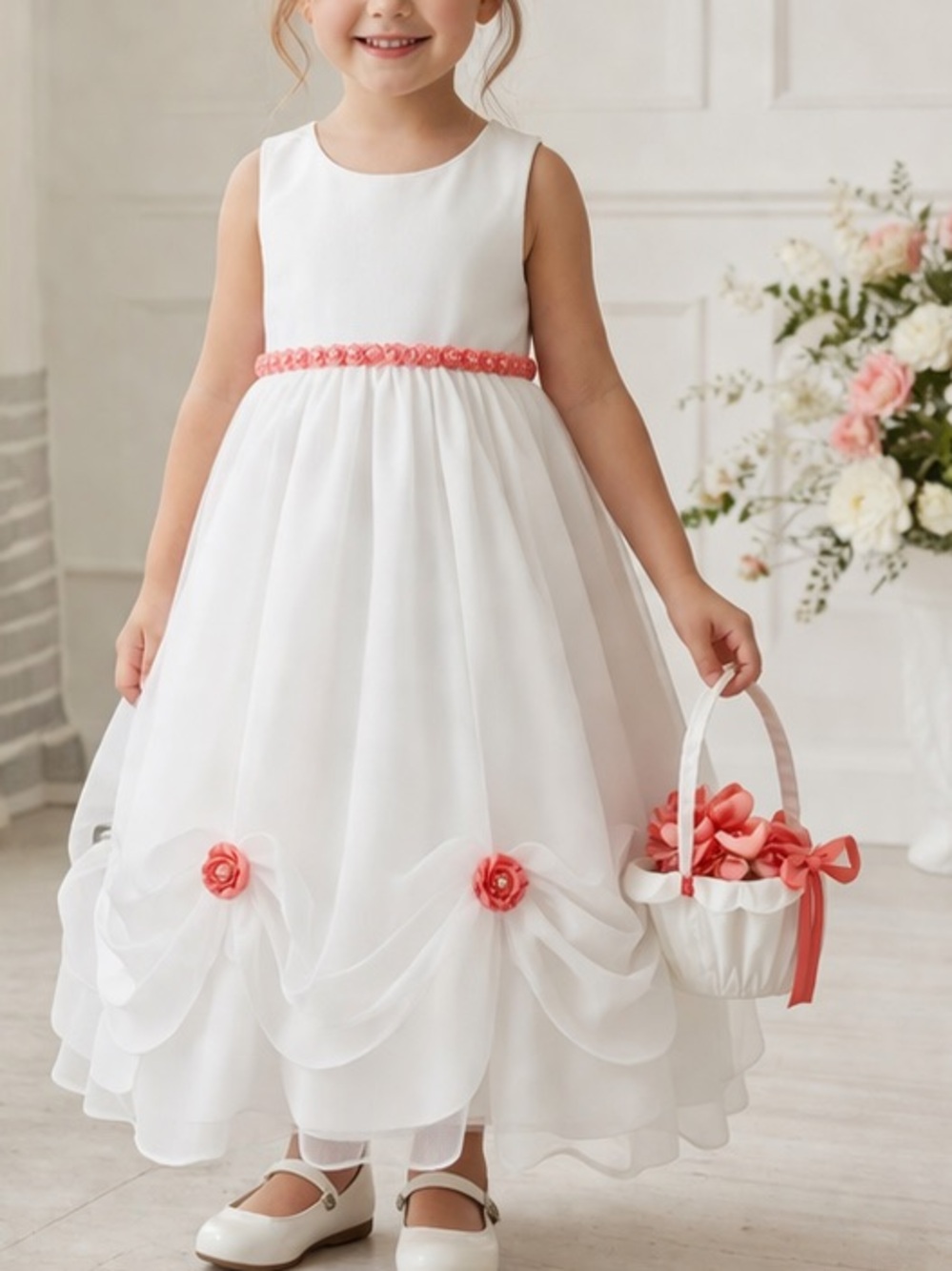 Flower Girl Dress White Tulle Coral Floral Size 4 Wedding Formal